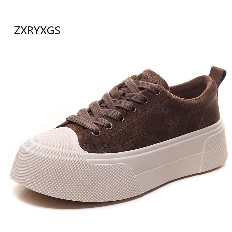 ZXRYXGS Frosted Cowhide Platform Shoes Height Increasing Sneakers 2026 New Lace-up Fashionable Versatile Casual Shoes for Women