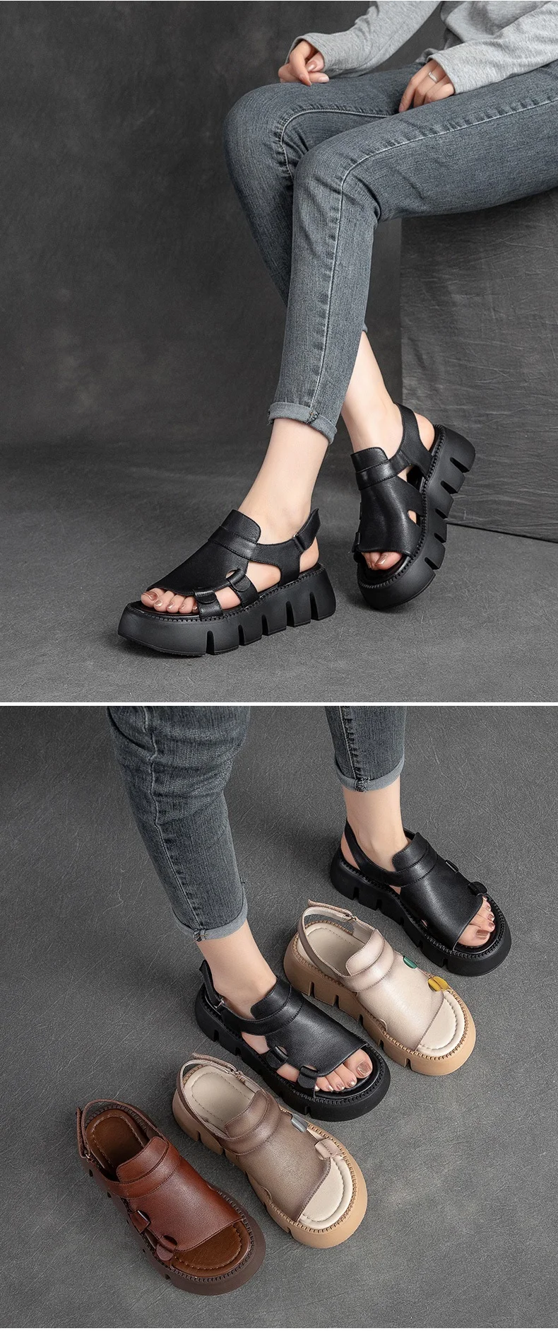 DRKANOL 2026 Handmade Genuine Leather Sandals Women Designer Luxury Hook And Loop Wedges Platform Casual Sandals Summer Shoes