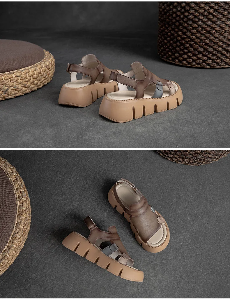 DRKANOL 2026 Handmade Genuine Leather Sandals Women Designer Luxury Hook And Loop Wedges Platform Casual Sandals Summer Shoes