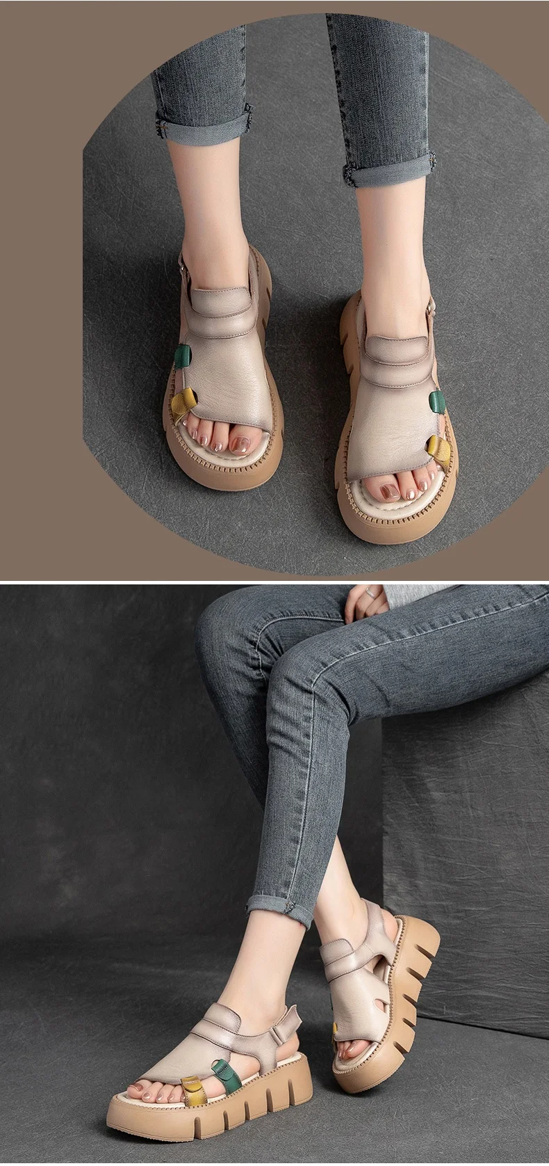 DRKANOL 2026 Handmade Genuine Leather Sandals Women Designer Luxury Hook And Loop Wedges Platform Casual Sandals Summer Shoes