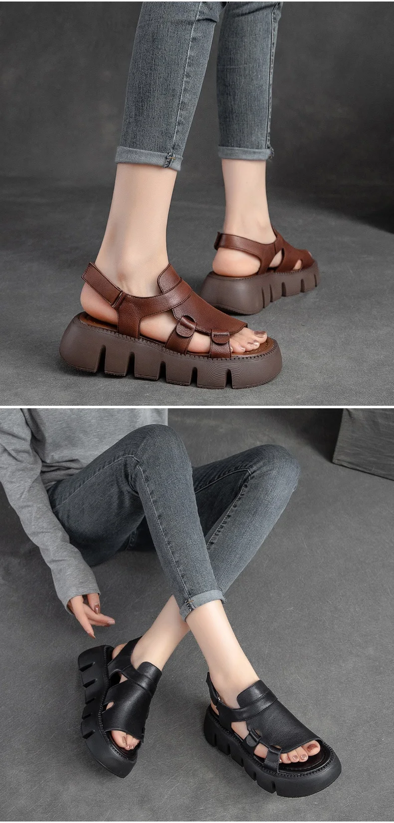 DRKANOL 2026 Handmade Genuine Leather Sandals Women Designer Luxury Hook And Loop Wedges Platform Casual Sandals Summer Shoes