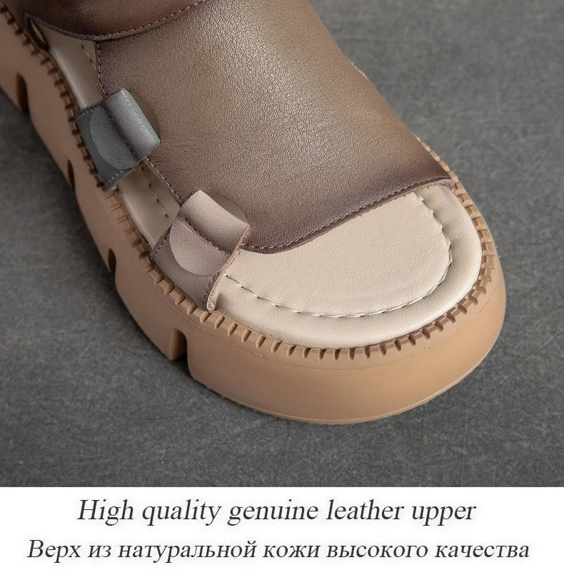DRKANOL 2026 Handmade Genuine Leather Sandals Women Designer Luxury Hook And Loop Wedges Platform Casual Sandals Summer Shoes