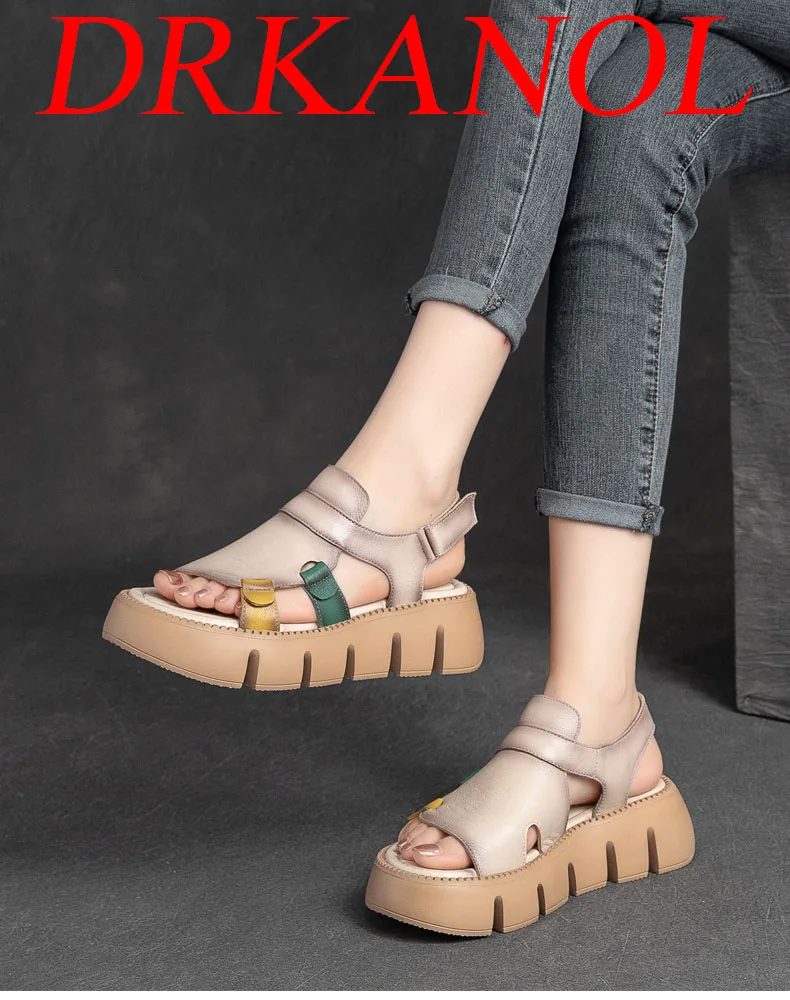DRKANOL 2026 Handmade Genuine Leather Sandals Women Designer Luxury Hook And Loop Wedges Platform Casual Sandals Summer Shoes