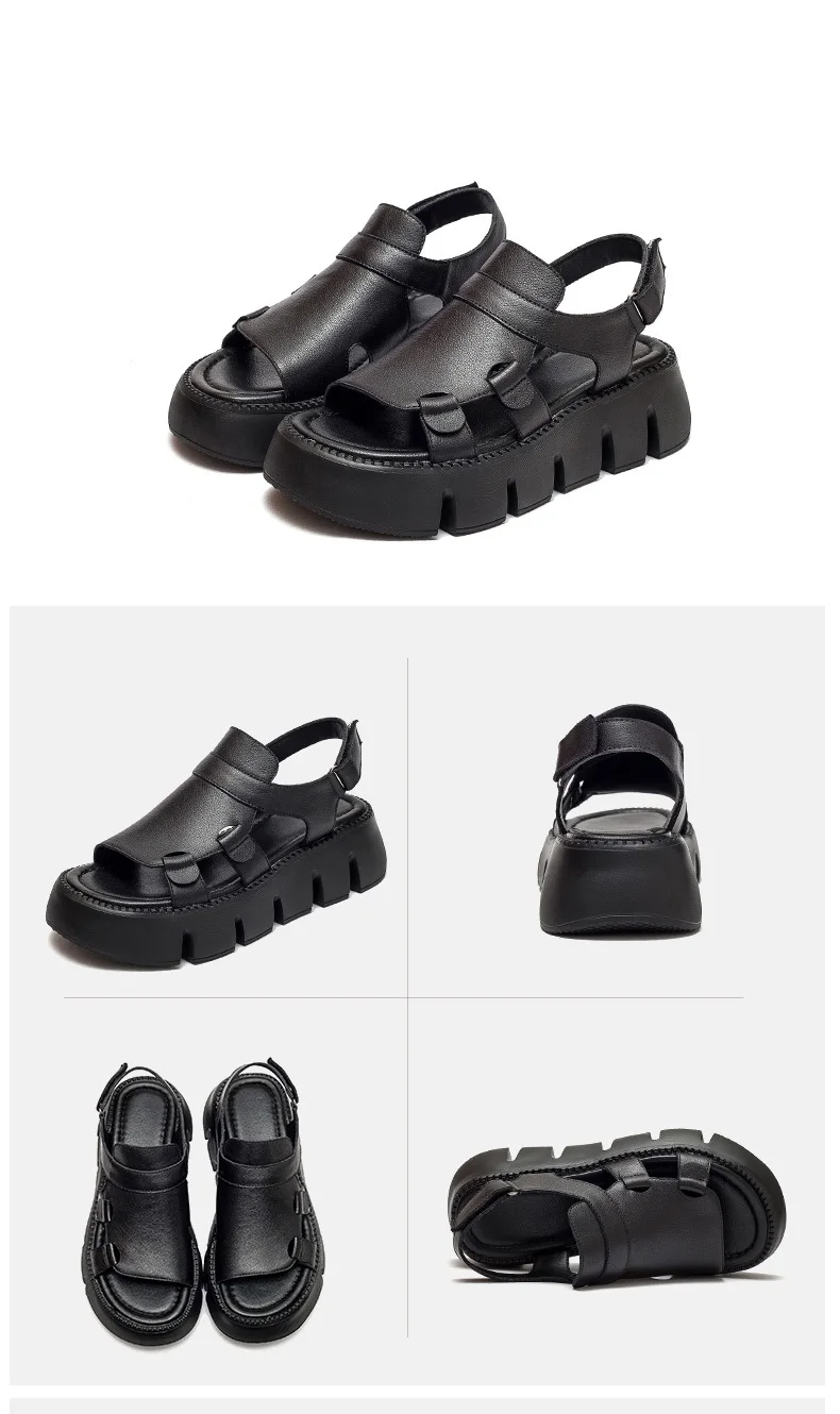 DRKANOL 2026 Handmade Genuine Leather Sandals Women Designer Luxury Hook And Loop Wedges Platform Casual Sandals Summer Shoes