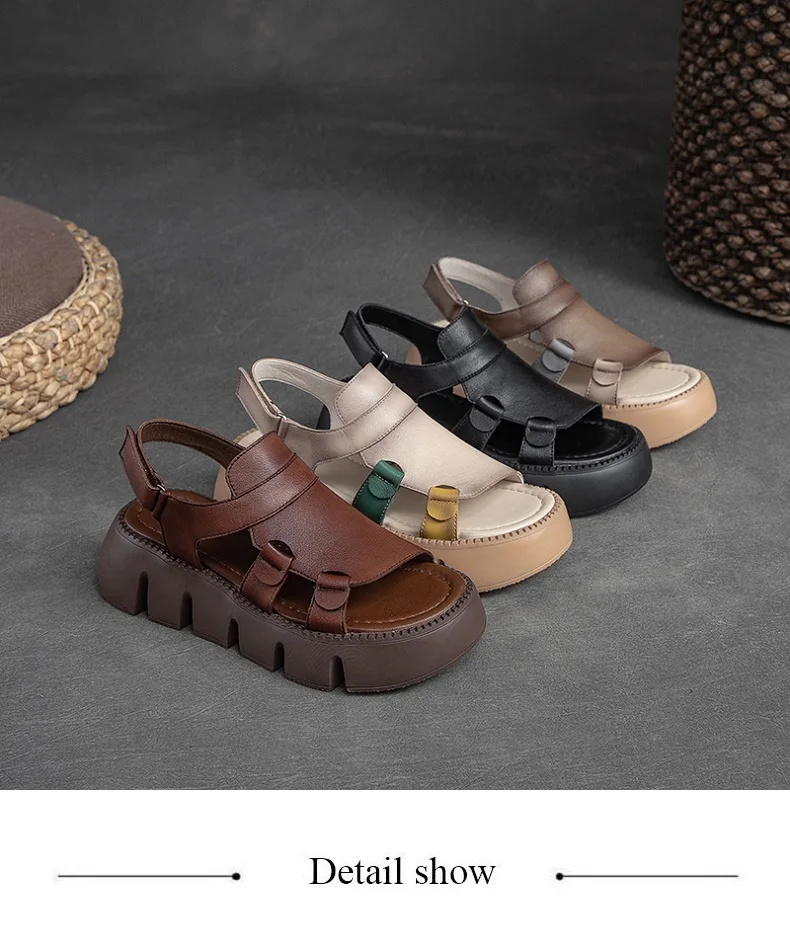 DRKANOL 2026 Handmade Genuine Leather Sandals Women Designer Luxury Hook And Loop Wedges Platform Casual Sandals Summer Shoes