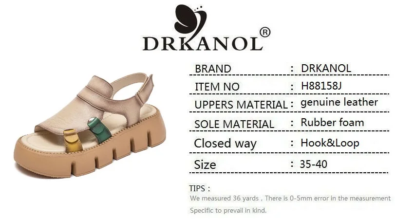 DRKANOL 2026 Handmade Genuine Leather Sandals Women Designer Luxury Hook And Loop Wedges Platform Casual Sandals Summer Shoes
