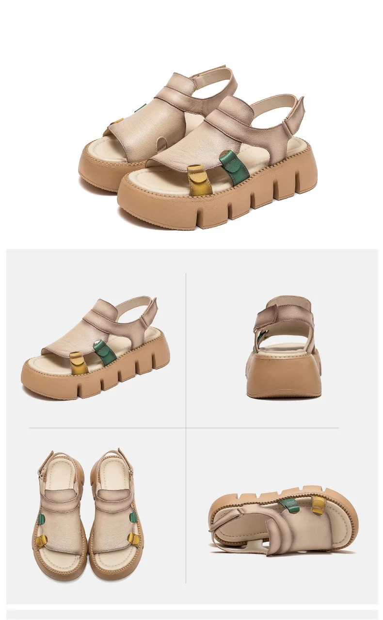 DRKANOL 2026 Handmade Genuine Leather Sandals Women Designer Luxury Hook And Loop Wedges Platform Casual Sandals Summer Shoes