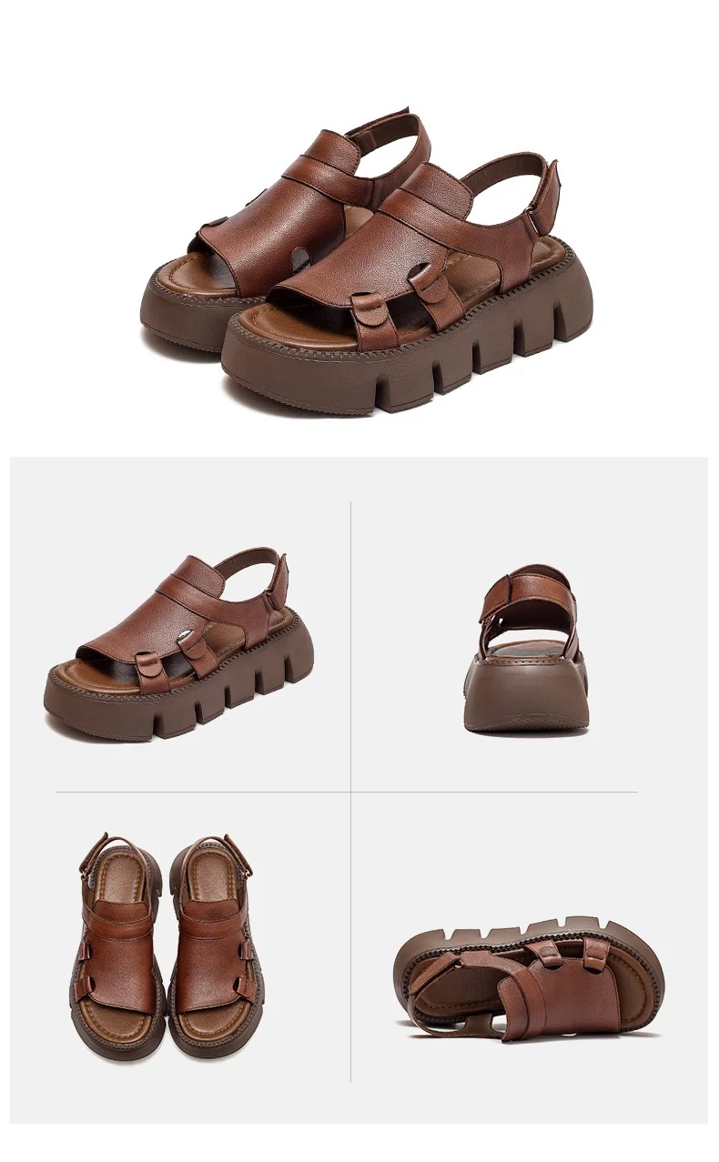 DRKANOL 2026 Handmade Genuine Leather Sandals Women Designer Luxury Hook And Loop Wedges Platform Casual Sandals Summer Shoes