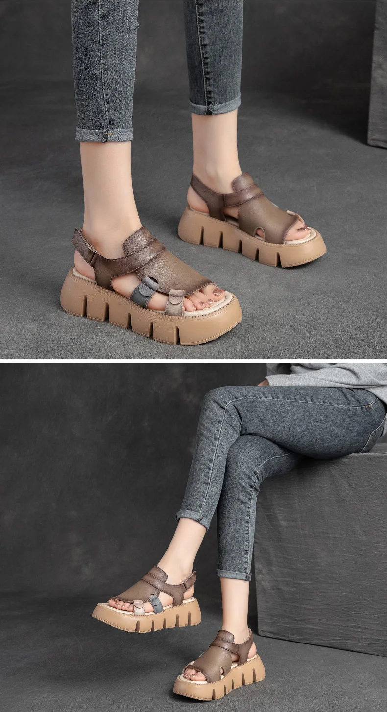 DRKANOL 2026 Handmade Genuine Leather Sandals Women Designer Luxury Hook And Loop Wedges Platform Casual Sandals Summer Shoes