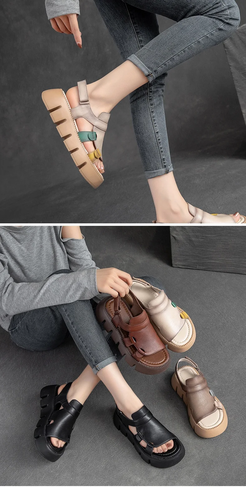 DRKANOL 2026 Handmade Genuine Leather Sandals Women Designer Luxury Hook And Loop Wedges Platform Casual Sandals Summer Shoes