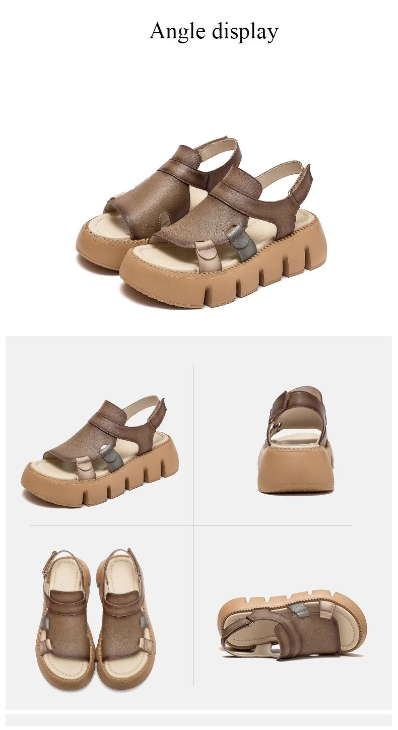 DRKANOL 2026 Handmade Genuine Leather Sandals Women Designer Luxury Hook And Loop Wedges Platform Casual Sandals Summer Shoes