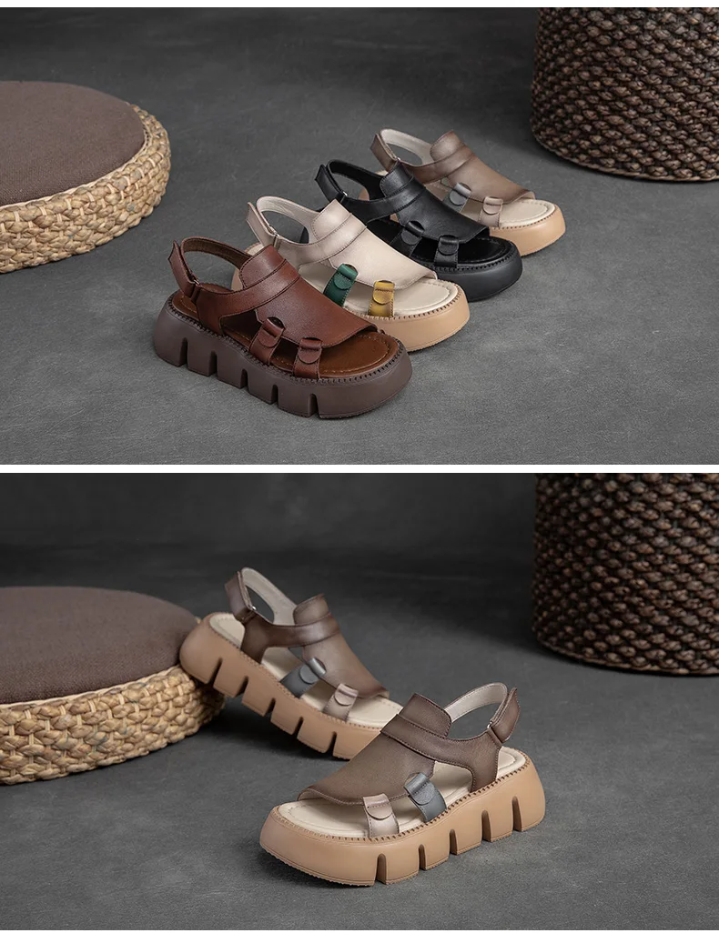 DRKANOL 2026 Handmade Genuine Leather Sandals Women Designer Luxury Hook And Loop Wedges Platform Casual Sandals Summer Shoes
