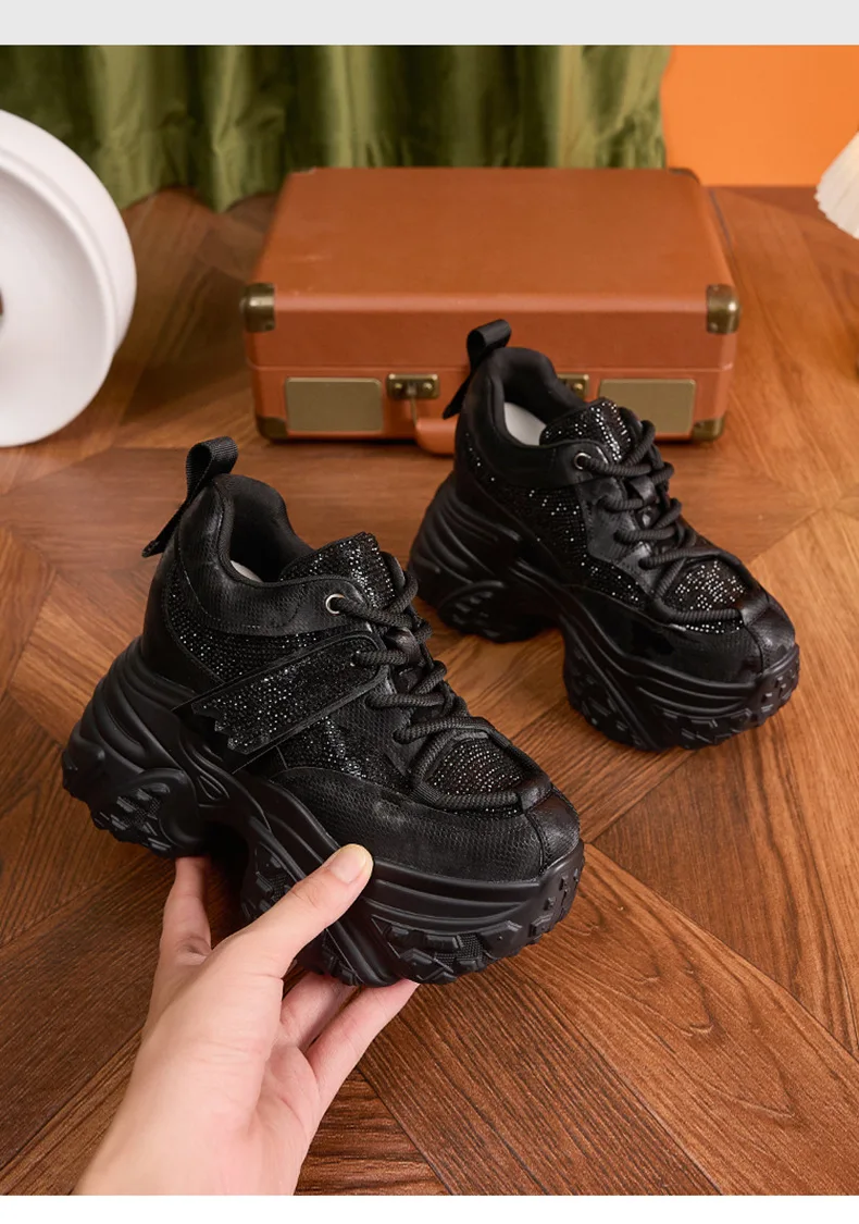 Women Casual Platform Sneakers 10CM High Heels 2026 New Spring Sport Leather Shoes Bling Trainers Chunky Sneakers Zapatos Mujer