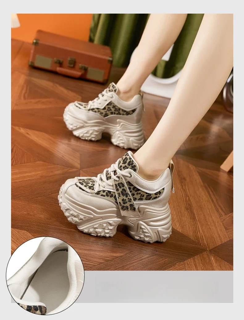 Women Casual Platform Sneakers 10CM High Heels 2026 New Spring Sport Leather Shoes Bling Trainers Chunky Sneakers Zapatos Mujer