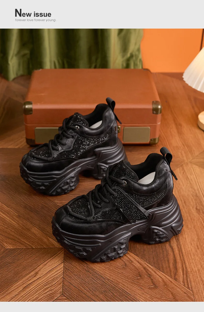 Women Casual Platform Sneakers 10CM High Heels 2026 New Spring Sport Leather Shoes Bling Trainers Chunky Sneakers Zapatos Mujer