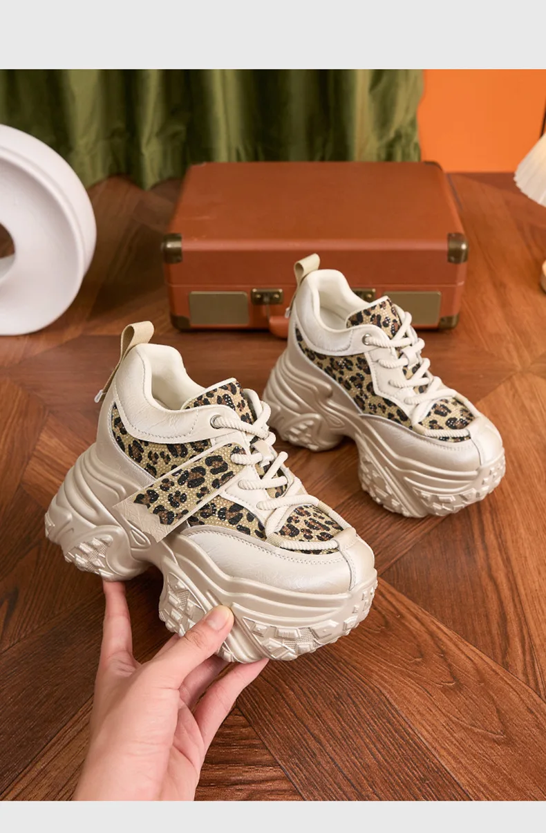 Women Casual Platform Sneakers 10CM High Heels 2026 New Spring Sport Leather Shoes Bling Trainers Chunky Sneakers Zapatos Mujer