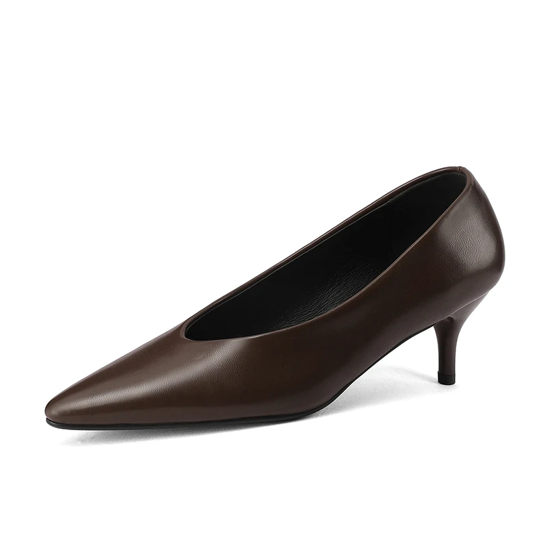 NEW 2025 Women Trend Split Leather Pumps Office Heels Sexy Women Beige Brown Black Pointed Toe Thin Heel Party Shoes Plus Size