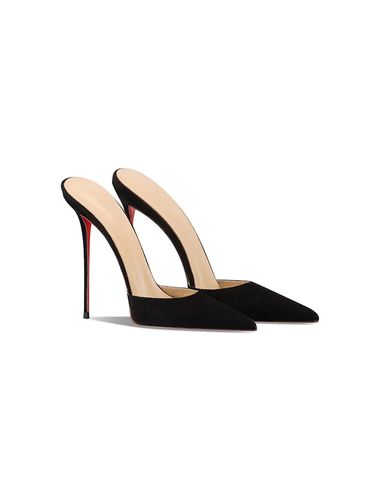 2026 New Black Suede High-Heeled Slippers with Sexy Temperament, Pointed and Thin Heels, Worn with a Toe Cover and Half Drag