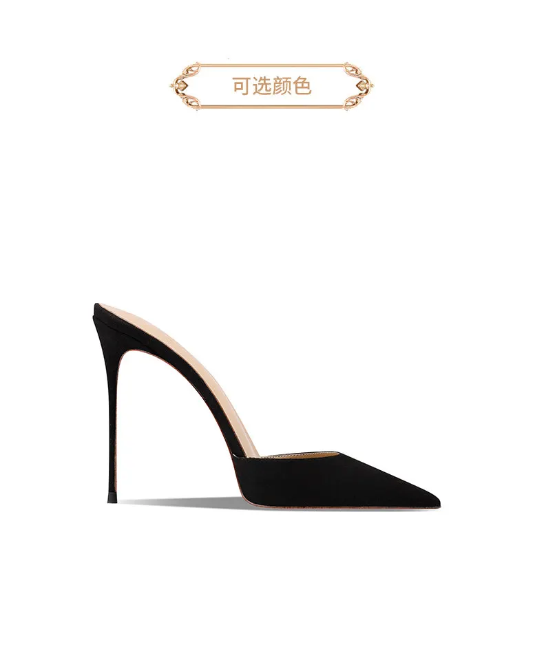 2026 New Black Suede High-Heeled Slippers with Sexy Temperament, Pointed and Thin Heels, Worn with a Toe Cover and Half Drag