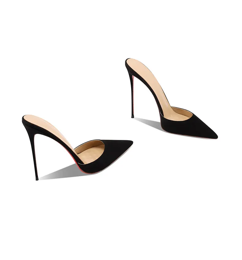2026 New Black Suede High-Heeled Slippers with Sexy Temperament, Pointed and Thin Heels, Worn with a Toe Cover and Half Drag