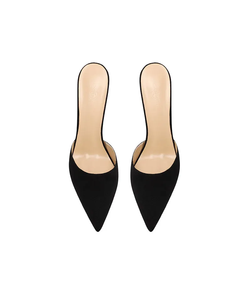 2026 New Black Suede High-Heeled Slippers with Sexy Temperament, Pointed and Thin Heels, Worn with a Toe Cover and Half Drag