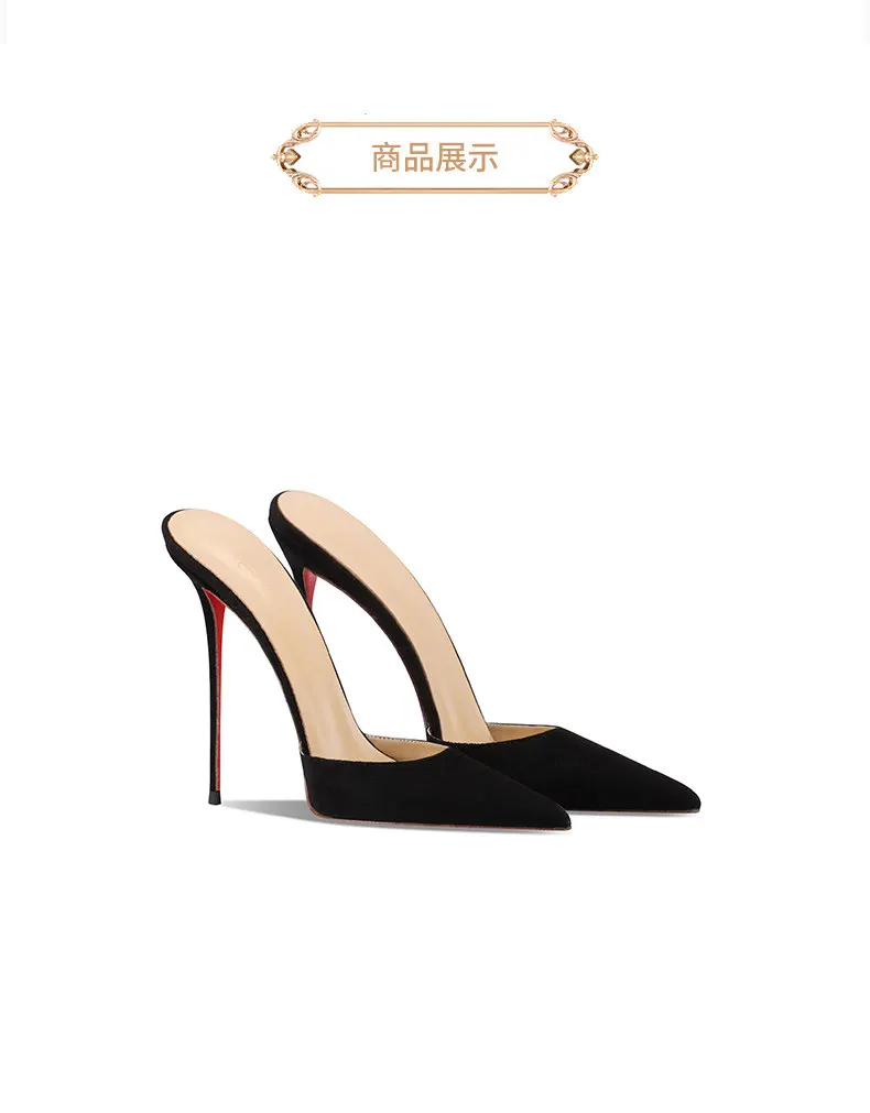 2026 New Black Suede High-Heeled Slippers with Sexy Temperament, Pointed and Thin Heels, Worn with a Toe Cover and Half Drag