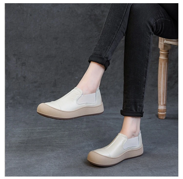 Jiany Women's Shoes 2025 New Style Top Layer Cowhide Single Shoes, Women's Retro and Simple Flat Shoes, Casual Sports Shoes