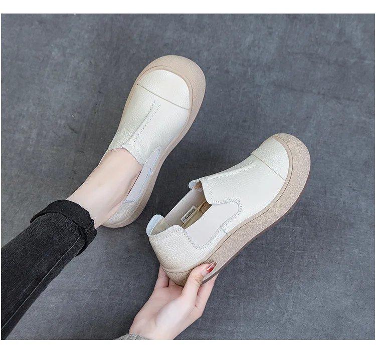Jiany Women's Shoes 2025 New Style Top Layer Cowhide Single Shoes, Women's Retro and Simple Flat Shoes, Casual Sports Shoes