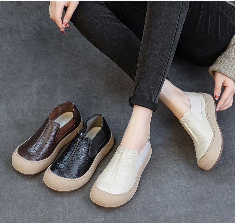 Jiany Women's Shoes 2025 New Style Top Layer Cowhide Single Shoes, Women's Retro and Simple Flat Shoes, Casual Sports Shoes