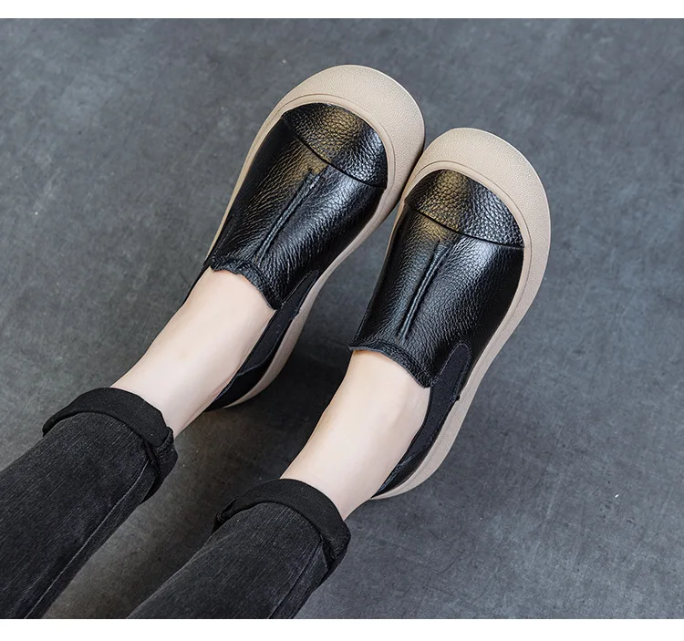 Jiany Women's Shoes 2025 New Style Top Layer Cowhide Single Shoes, Women's Retro and Simple Flat Shoes, Casual Sports Shoes