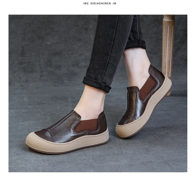 Jiany Women's Shoes 2025 New Style Top Layer Cowhide Single Shoes, Women's Retro and Simple Flat Shoes, Casual Sports Shoes