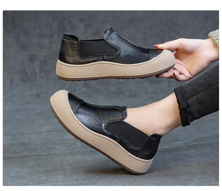 Jiany Women's Shoes 2025 New Style Top Layer Cowhide Single Shoes, Women's Retro and Simple Flat Shoes, Casual Sports Shoes