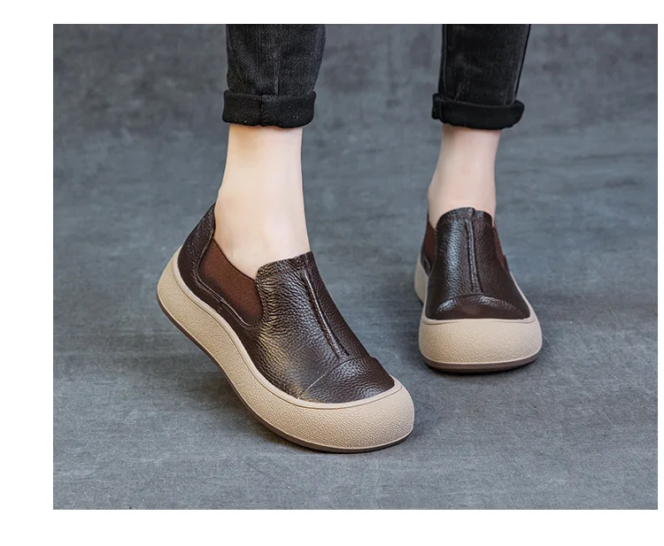 Jiany Women's Shoes 2025 New Style Top Layer Cowhide Single Shoes, Women's Retro and Simple Flat Shoes, Casual Sports Shoes