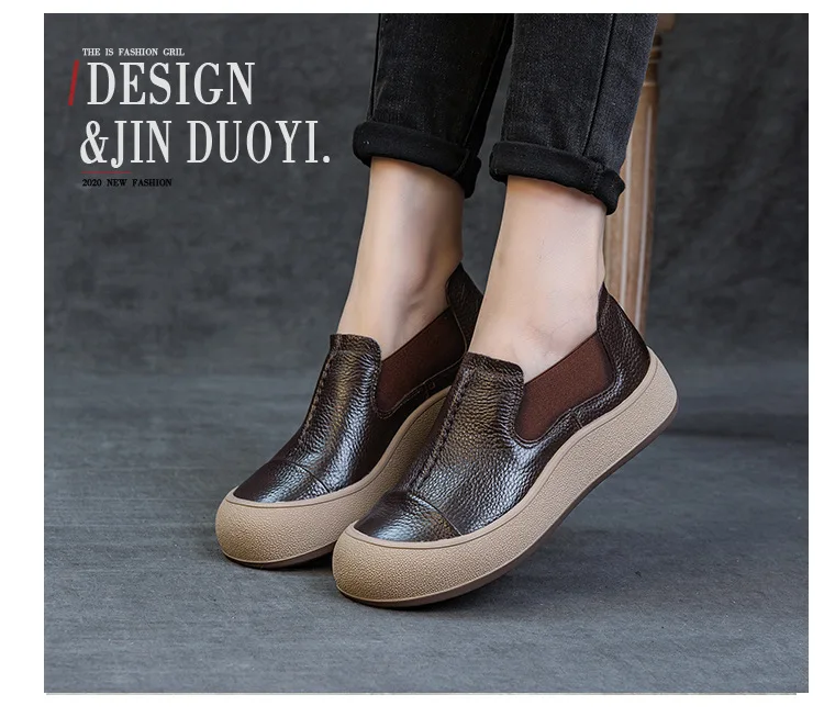 Jiany Women's Shoes 2025 New Style Top Layer Cowhide Single Shoes, Women's Retro and Simple Flat Shoes, Casual Sports Shoes