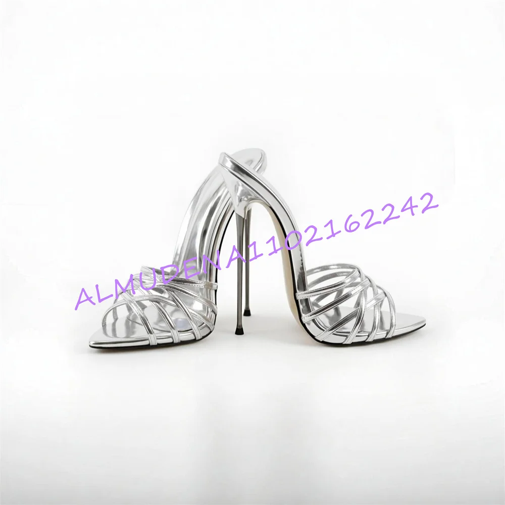 Women Hot Pink Patent Leather Pointed Toe High Heel Slippers Cross Strap Thin Metal Heel Open Back Summer Party Mule Slides 46