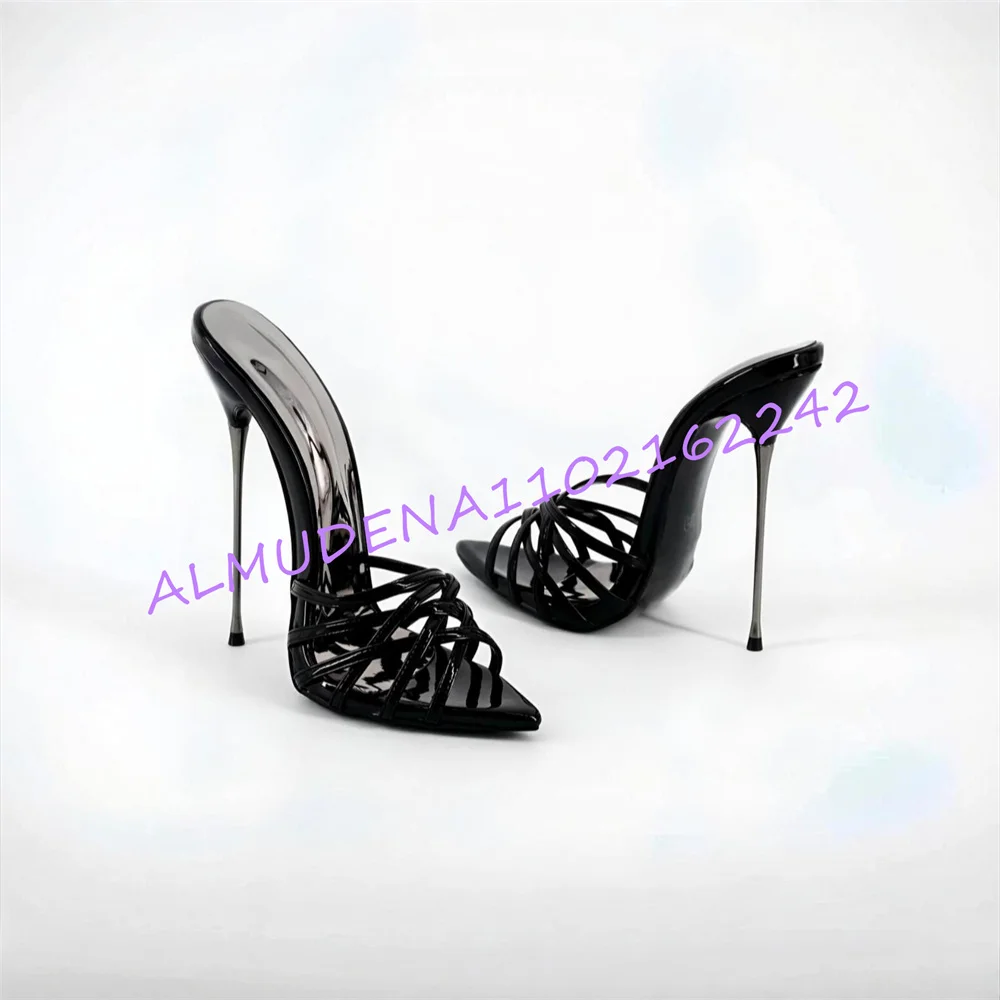 Women Hot Pink Patent Leather Pointed Toe High Heel Slippers Cross Strap Thin Metal Heel Open Back Summer Party Mule Slides 46
