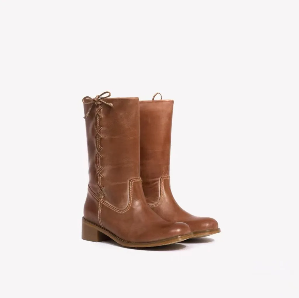 Brown chunky low heels bowknot leather high boots women's western causal dress cowboy long boot luxury designer soft shoes