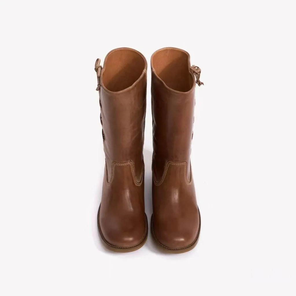 Brown chunky low heels bowknot leather high boots women's western causal dress cowboy long boot luxury designer soft shoes