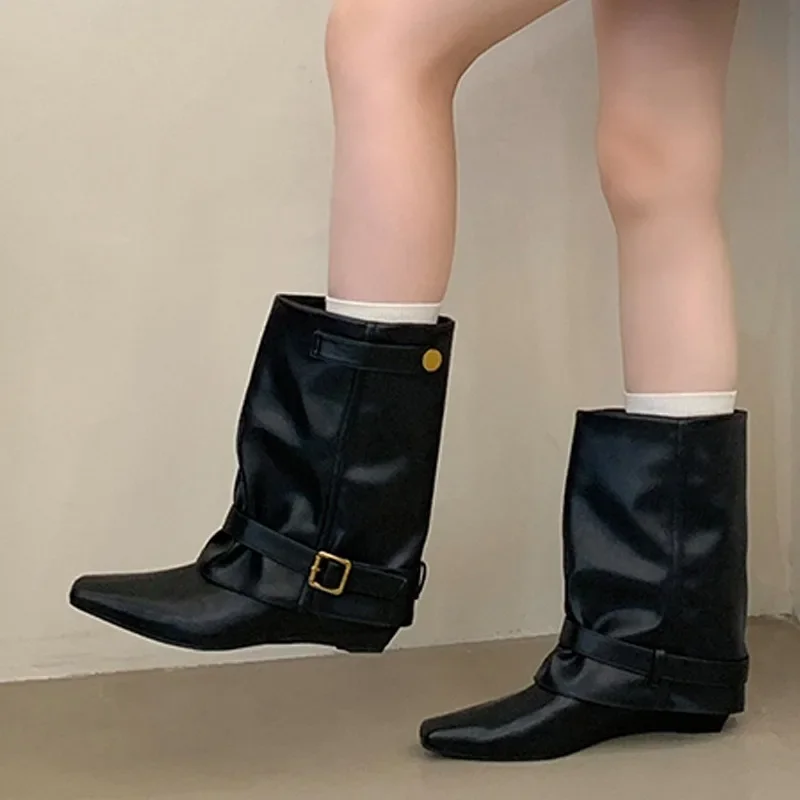 Eilyken 2027 Vintage Belt Buckle Splicing Wedges Low Heels Woman Ankle Boots Fashion Pointed Toe Shoes Botas Feminina