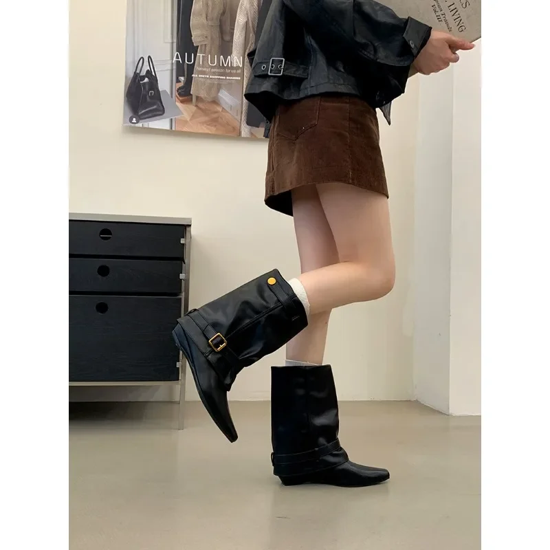 Eilyken 2027 Vintage Belt Buckle Splicing Wedges Low Heels Woman Ankle Boots Fashion Pointed Toe Shoes Botas Feminina