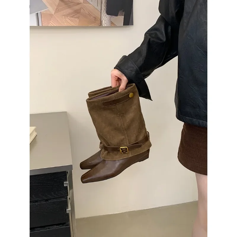 Eilyken 2027 Vintage Belt Buckle Splicing Wedges Low Heels Woman Ankle Boots Fashion Pointed Toe Shoes Botas Feminina