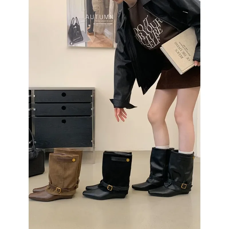 Eilyken 2027 Vintage Belt Buckle Splicing Wedges Low Heels Woman Ankle Boots Fashion Pointed Toe Shoes Botas Feminina