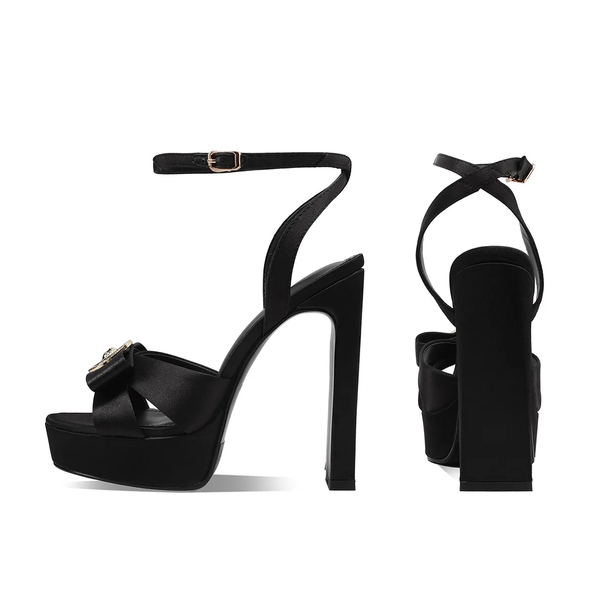 Arden Furtado Summer Purple Satin Platform Sandals Round Toe Bowknot Super High Heel One Word Buckle Banquet Party Shoes