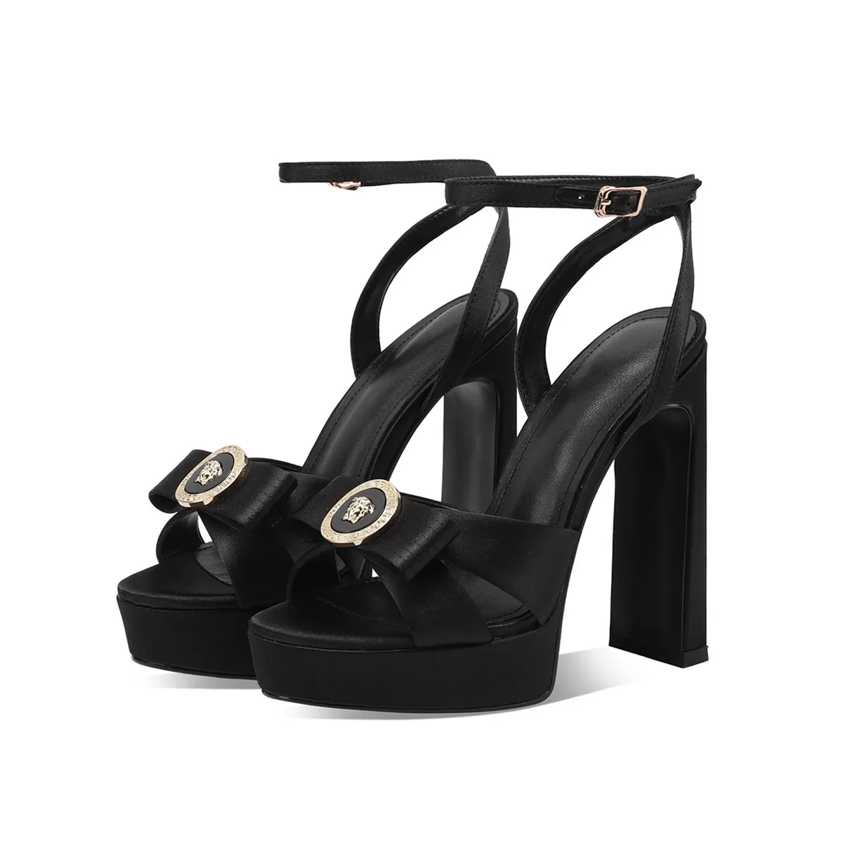 Arden Furtado Summer Purple Satin Platform Sandals Round Toe Bowknot Super High Heel One Word Buckle Banquet Party Shoes