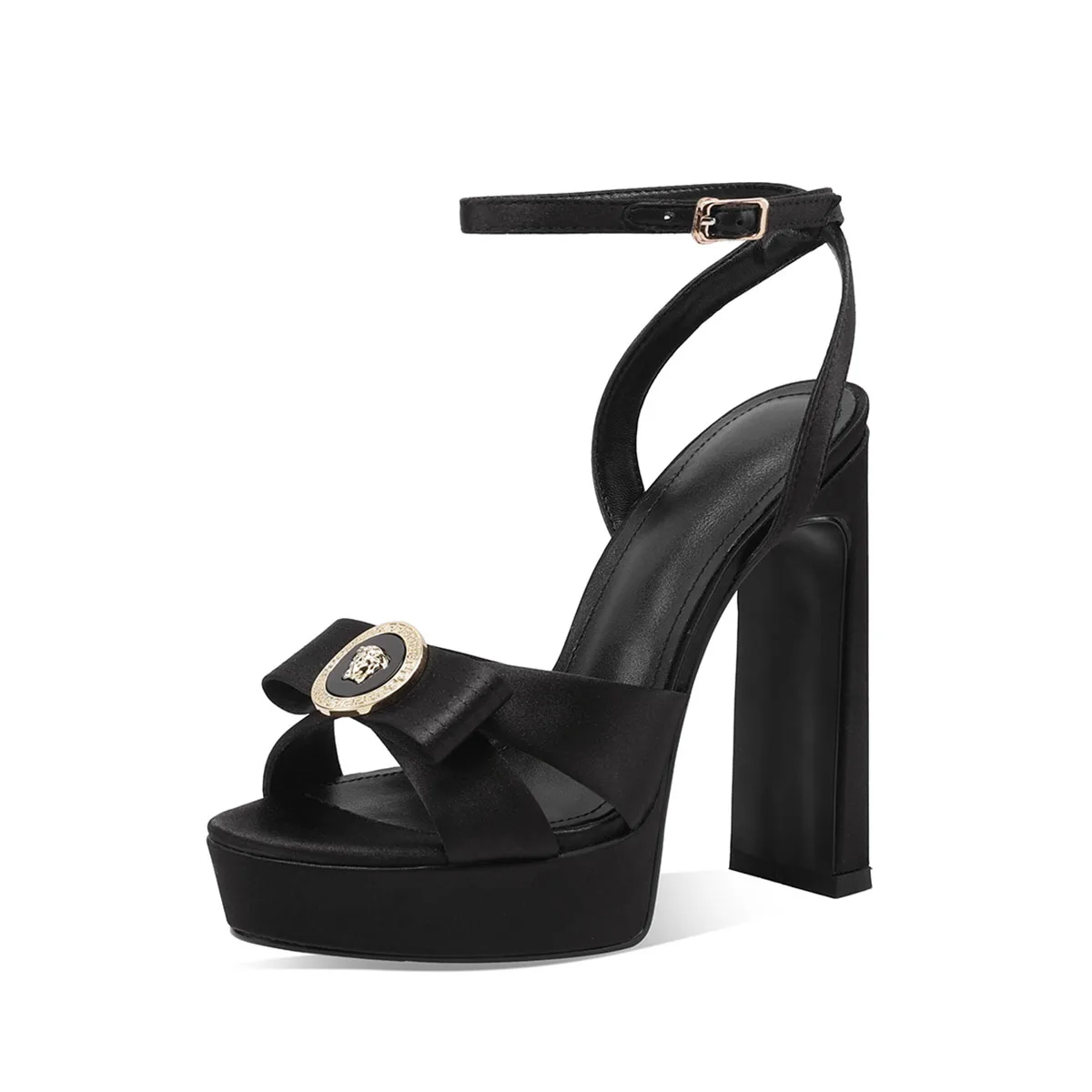 Arden Furtado Summer Purple Satin Platform Sandals Round Toe Bowknot Super High Heel One Word Buckle Banquet Party Shoes