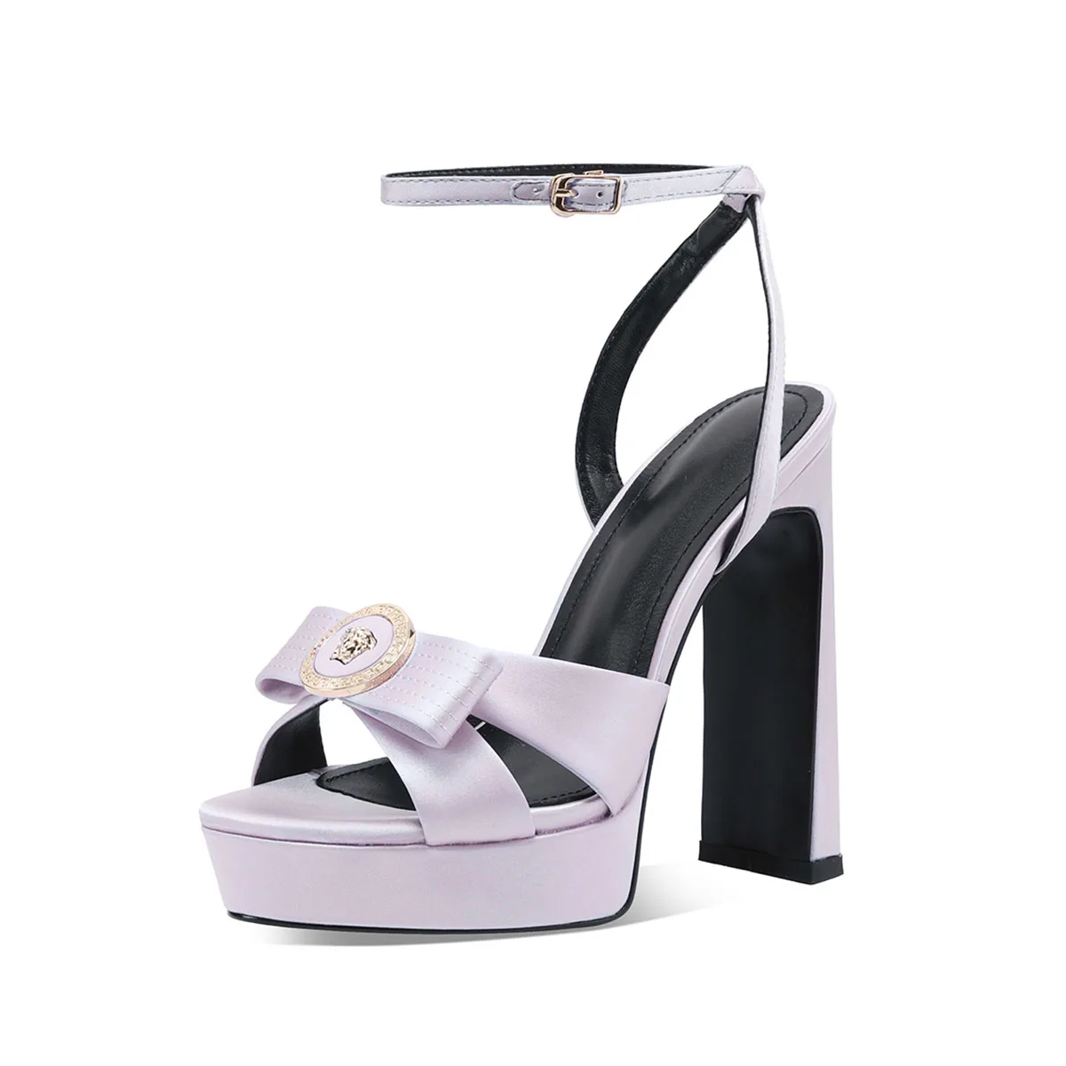 Arden Furtado Summer Purple Satin Platform Sandals Round Toe Bowknot Super High Heel One Word Buckle Banquet Party Shoes