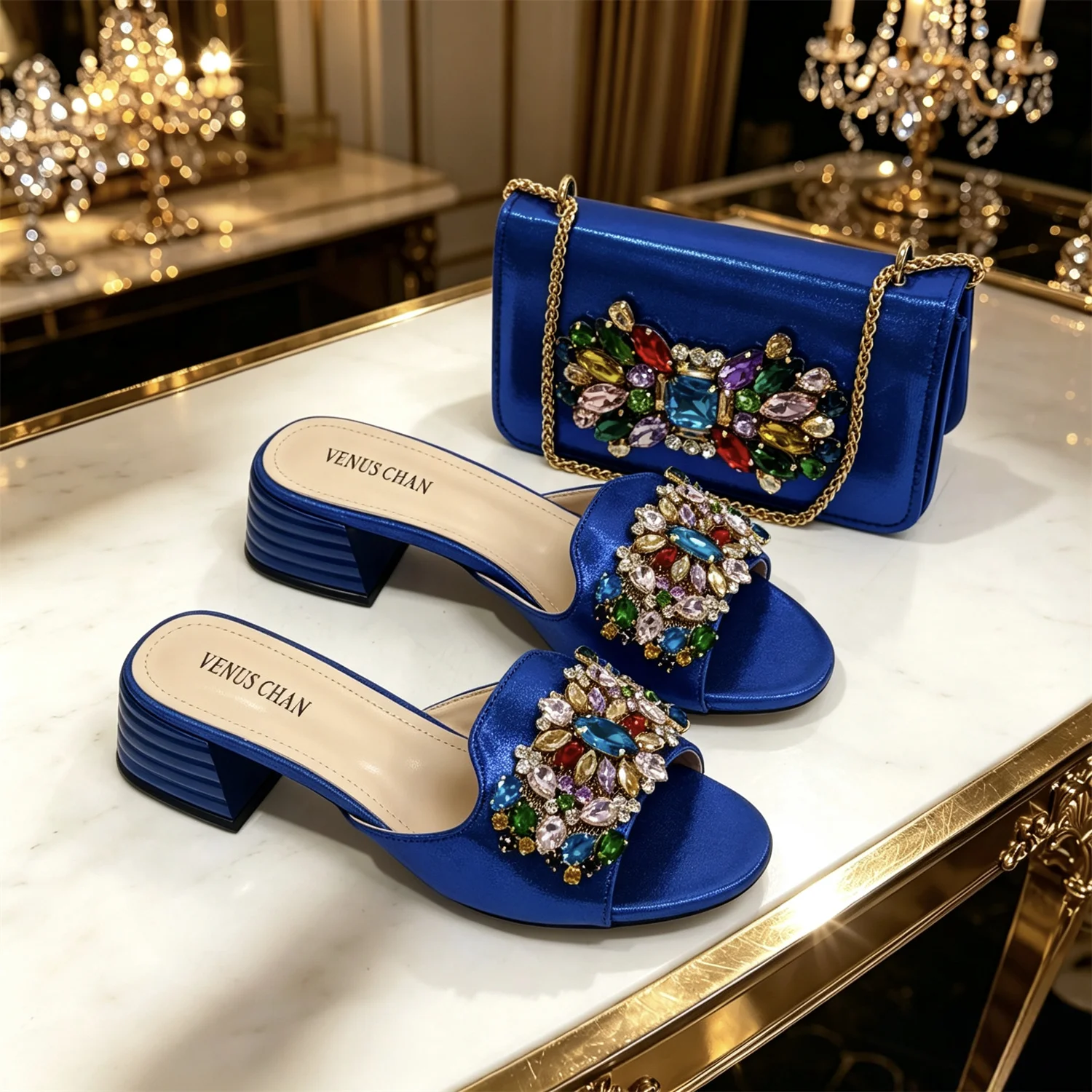 VENUS CHAN Women Colorful Rhinestone Embellished Satin Mules & Handbag Set for Wedding Party Evening Events