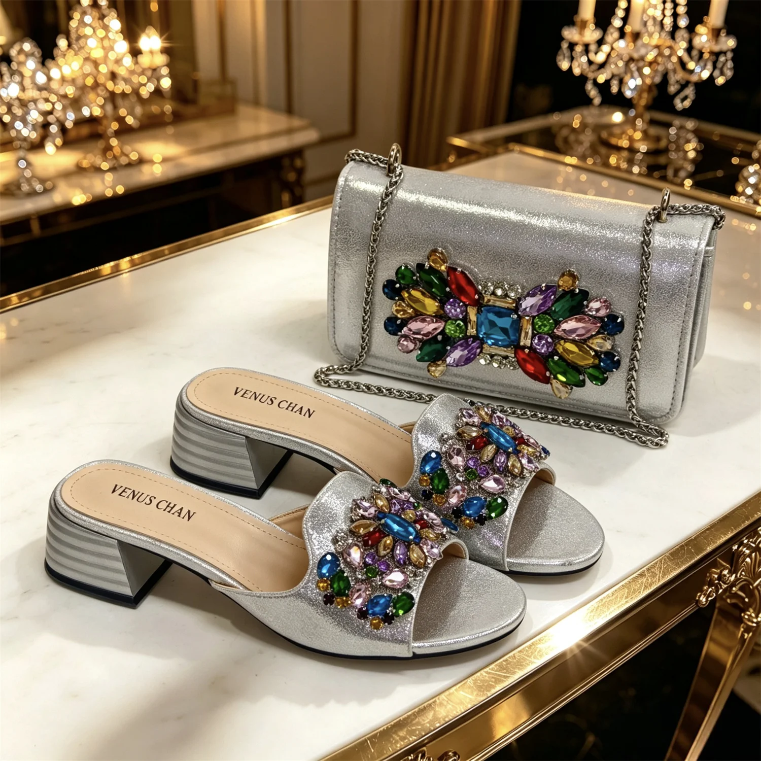 VENUS CHAN Women Colorful Rhinestone Embellished Satin Mules & Handbag Set for Wedding Party Evening Events