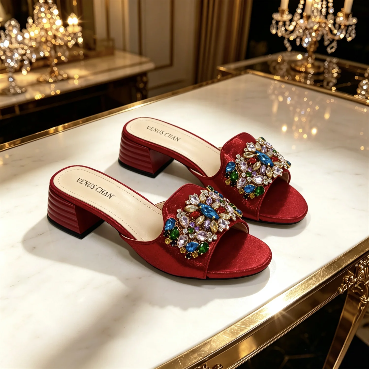 VENUS CHAN Women Colorful Rhinestone Embellished Satin Mules & Handbag Set for Wedding Party Evening Events