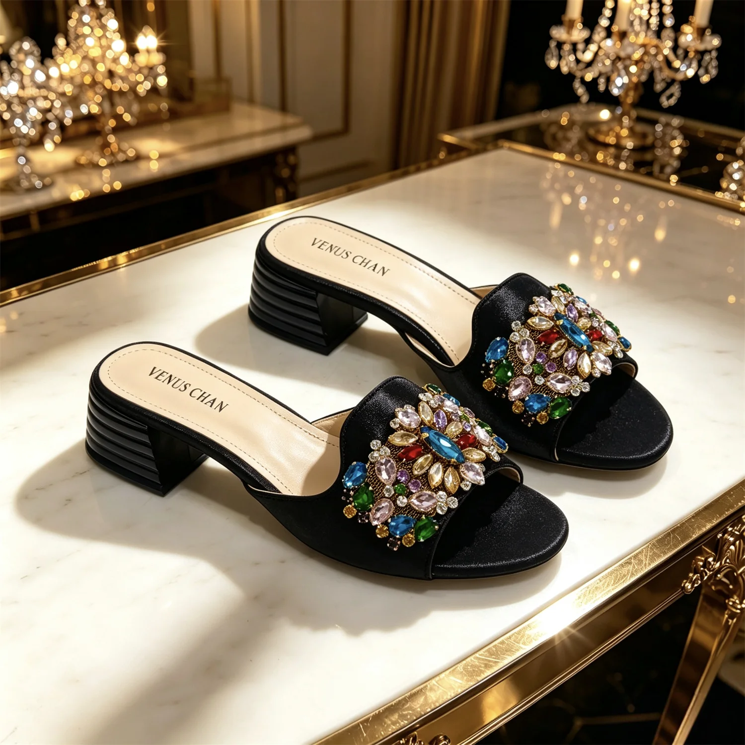 VENUS CHAN Women Colorful Rhinestone Embellished Satin Mules & Handbag Set for Wedding Party Evening Events